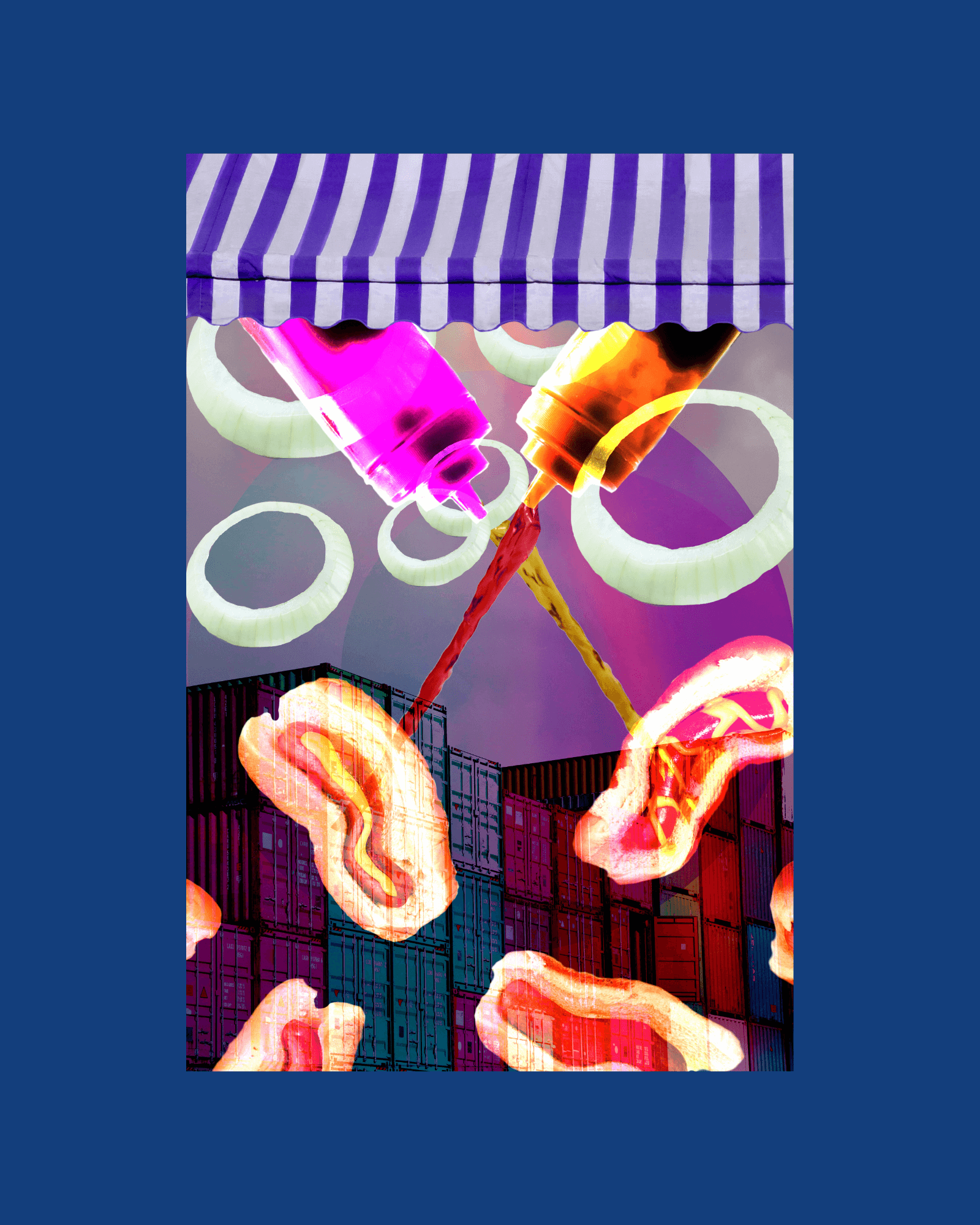 Digital collage of a hotdog stand with surrealised hotdogs and onions.