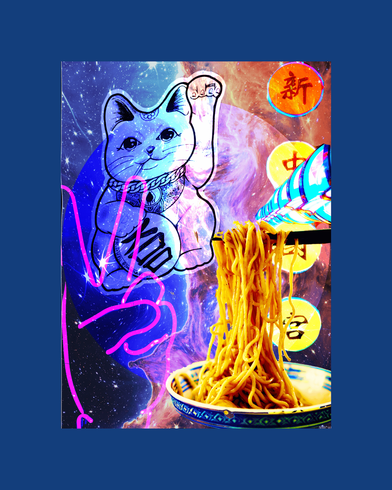 Digital collage representing a ramen cafe with a lucky cat and a bowl of noodles.