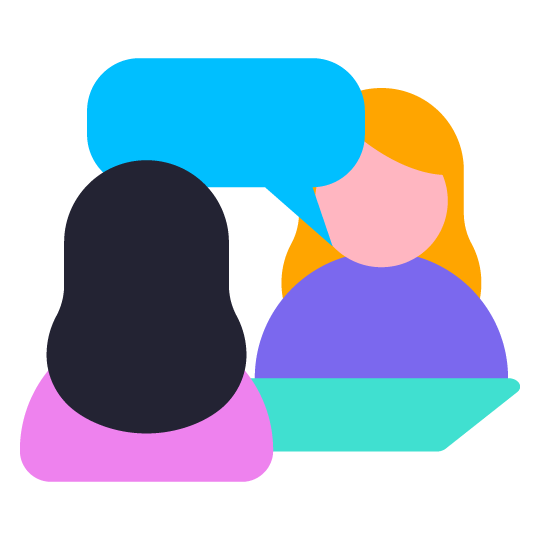 Illustration of two people with long hair talking.